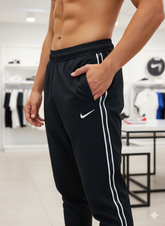 NKE BLACK  WITH WHITE SWOOSH AND LOGO TAPE NS LYCRA DRIFIT TRACK PANTS